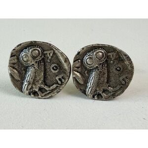 Vintage Alva Museum Studios Owl Greek Coin Cufflinks Silver Tone VTG